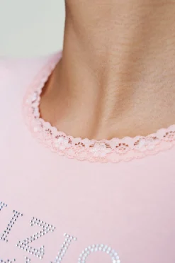 GUIZIO Bedazzled Lace Trim Tee- Tees|Tops