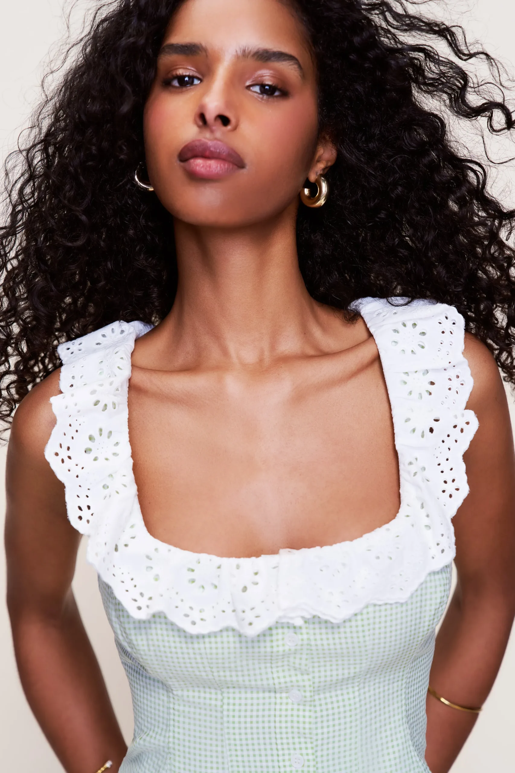 GUIZIO Gingham Paloma Lace Top- Sleeveless Tops|Tops