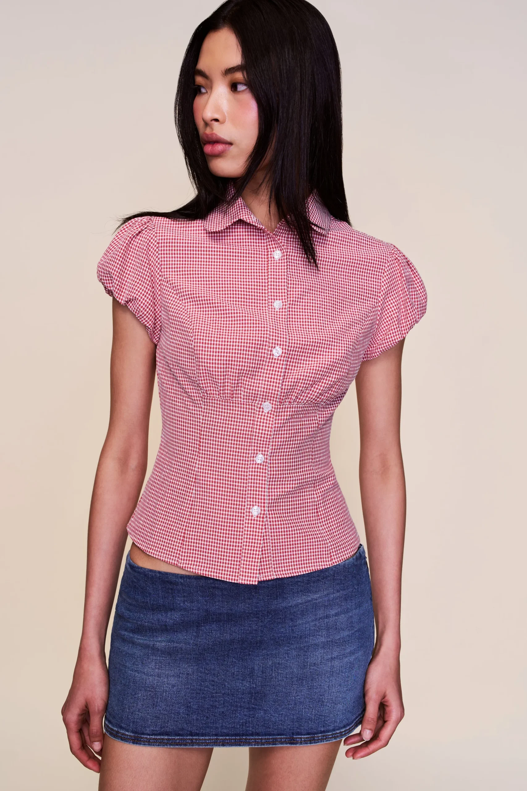 GUIZIO Liana Gingham Top- Short Sleeve Tops|Tops