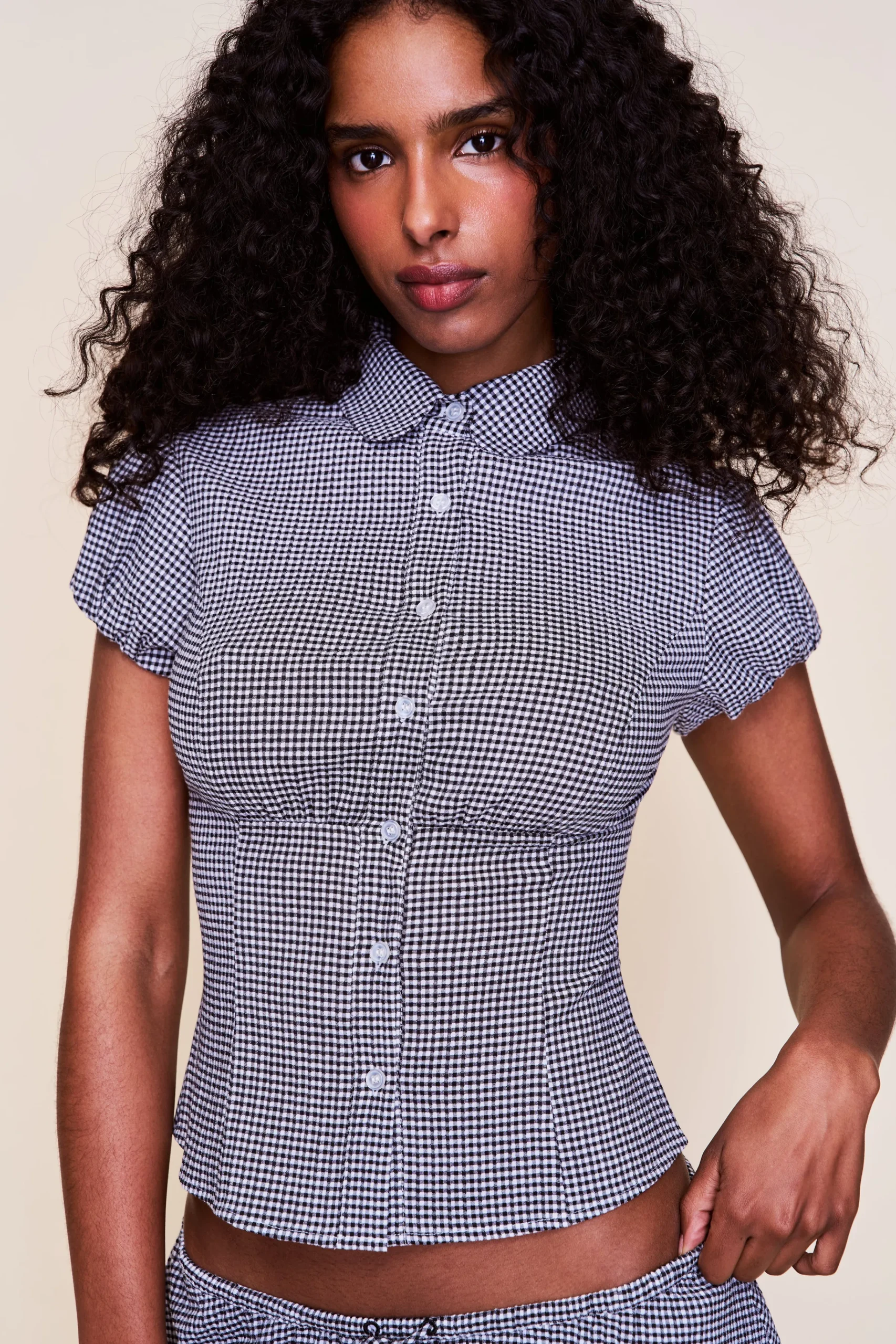 GUIZIO Liana Gingham Top- Short Sleeve Tops|Tops