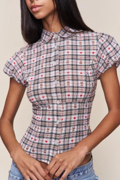 GUIZIO Liana Plaid Top- Short Sleeve Tops|Tops