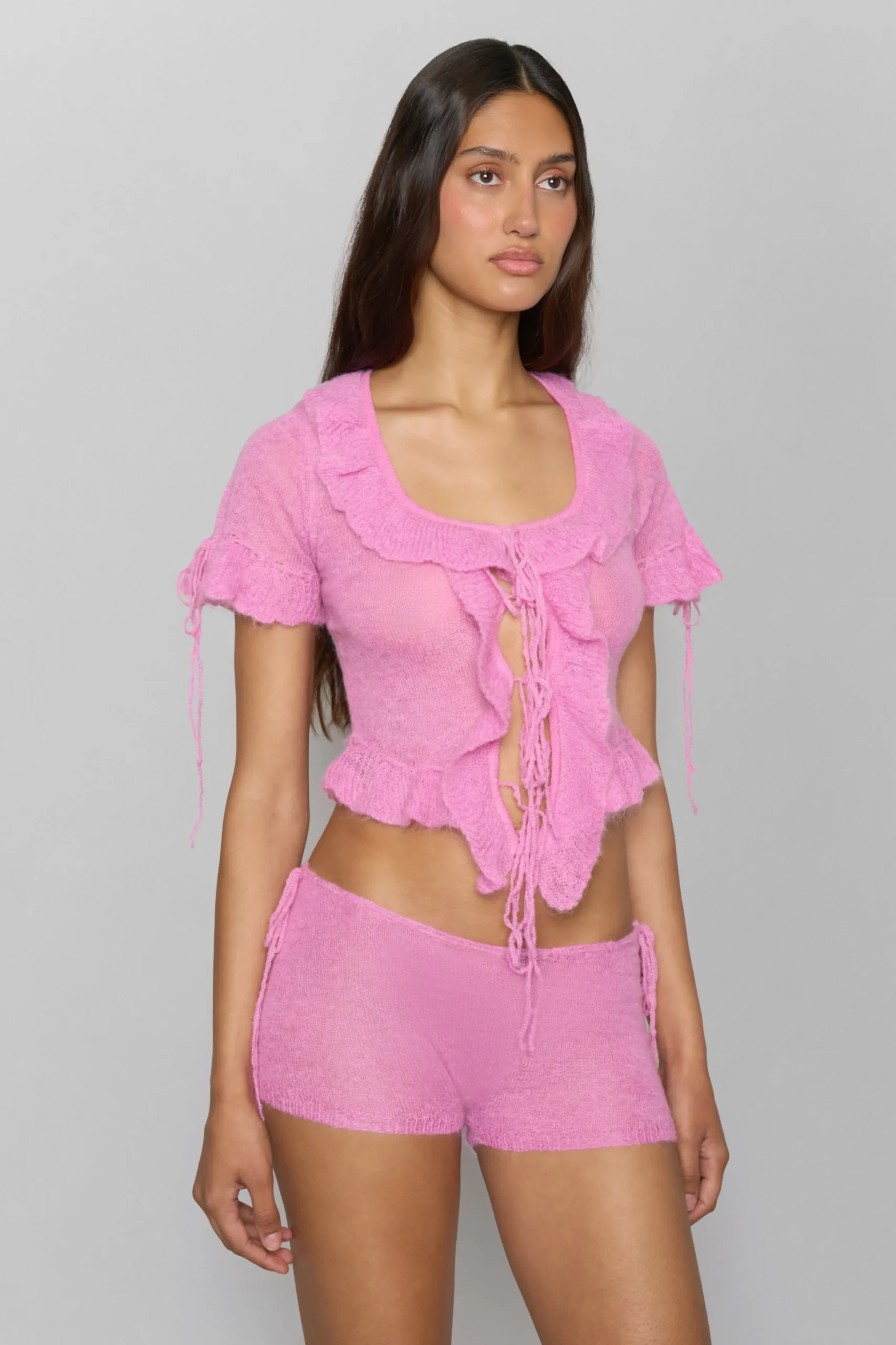 GUIZIO Ruffle Knit Tie Top- Short Sleeve Tops|Knitwear