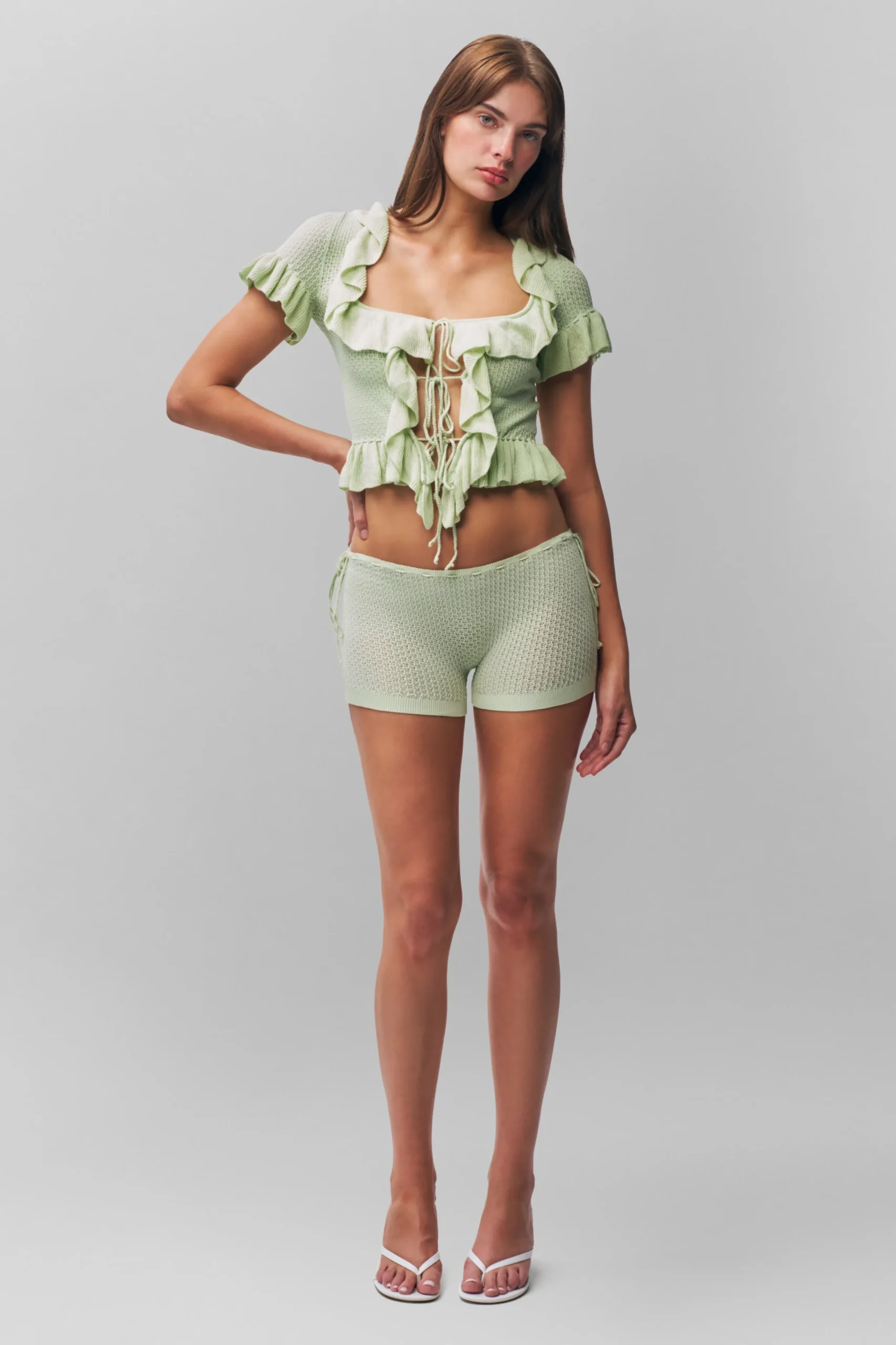 GUIZIO Ruffle Knit Tie Top- Short Sleeve Tops|Knitwear