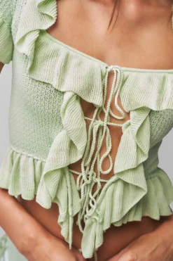 GUIZIO Ruffle Knit Tie Top- Short Sleeve Tops|Knitwear
